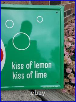 C. 1950s Original Vintage Drink Bubble Up Soda Sign Metal Embossed NOS MINT Kiss