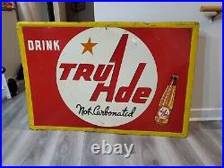 C. 1950s Original Vintage Drink Tru Ade Orange Soda Sign Metal Embossed A-M Cool