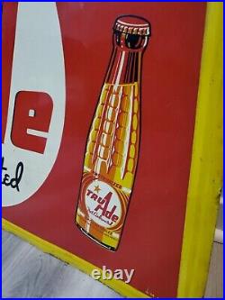 C. 1950s Original Vintage Drink Tru Ade Orange Soda Sign Metal Embossed A-M Cool