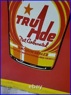 C. 1950s Original Vintage Drink Tru Ade Orange Soda Sign Metal Embossed A-M Cool