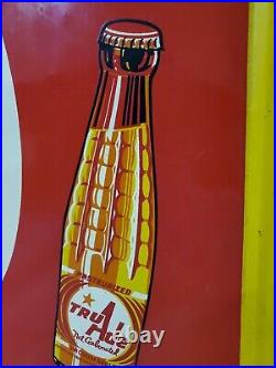 C. 1950s Original Vintage Drink Tru Ade Orange Soda Sign Metal Embossed A-M Cool