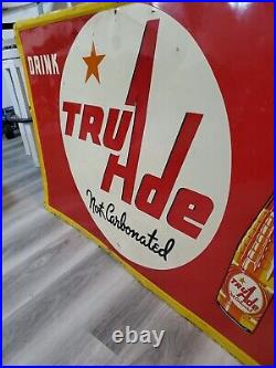 C. 1950s Original Vintage Drink Tru Ade Orange Soda Sign Metal Embossed A-M Cool