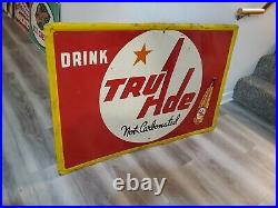 C. 1950s Original Vintage Drink Tru Ade Orange Soda Sign Metal Embossed A-M Cool