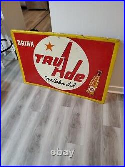 C. 1950s Original Vintage Drink Tru Ade Orange Soda Sign Metal Embossed A-M Cool