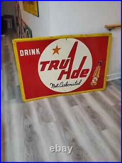 C. 1950s Original Vintage Drink Tru Ade Orange Soda Sign Metal Embossed A-M Cool