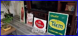 C. 1950s Original Vintage Drink Tru Ade Orange Soda Sign Metal Embossed A-M Cool