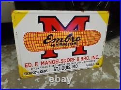 C. 1950s Original Vintage Embro Hybrids Sign Metal Embossed Seed Farm Corn Gas