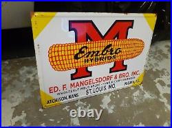 C. 1950s Original Vintage Embro Hybrids Sign Metal Embossed Seed Farm Corn Gas