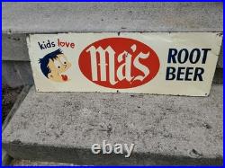 C. 1950s Original Vintage Ma's Root Beer Sign Metal Kids Love Boy Soda Gas Oil