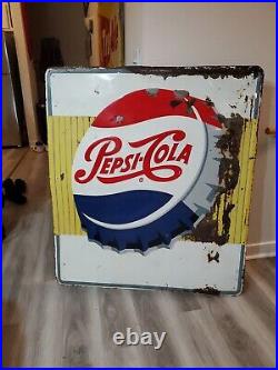 C. 1950s Original Vintage Pepsi Sign Metal Embossed Gas Grocery Bottle Cap LARGE