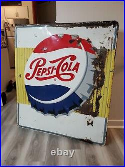 C. 1950s Original Vintage Pepsi Sign Metal Embossed Gas Grocery Bottle Cap LARGE