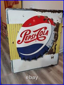 C. 1950s Original Vintage Pepsi Sign Metal Embossed Gas Grocery Bottle Cap LARGE