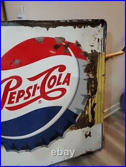 C. 1950s Original Vintage Pepsi Sign Metal Embossed Gas Grocery Bottle Cap LARGE