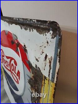 C. 1950s Original Vintage Pepsi Sign Metal Embossed Gas Grocery Bottle Cap LARGE