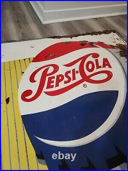 C. 1950s Original Vintage Pepsi Sign Metal Embossed Gas Grocery Bottle Cap LARGE