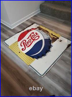 C. 1950s Original Vintage Pepsi Sign Metal Embossed Gas Grocery Bottle Cap LARGE