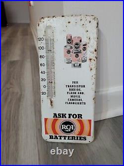 C. 1950s Original Vintage RCA Batteries Sign Metal Thermometer Radio TV Movie Gas