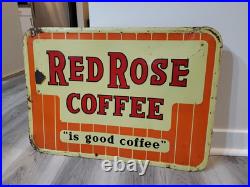 C. 1950s Original Vintage Red Rose Coffee Sign Metal Embossed Shop Decor Rare