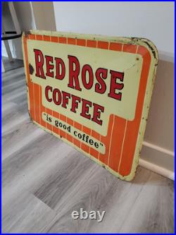 C. 1950s Original Vintage Red Rose Coffee Sign Metal Embossed Shop Decor Rare