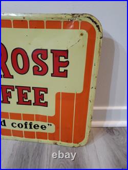 C. 1950s Original Vintage Red Rose Coffee Sign Metal Embossed Shop Decor Rare