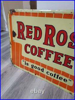 C. 1950s Original Vintage Red Rose Coffee Sign Metal Embossed Shop Decor Rare