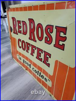 C. 1950s Original Vintage Red Rose Coffee Sign Metal Embossed Shop Decor Rare