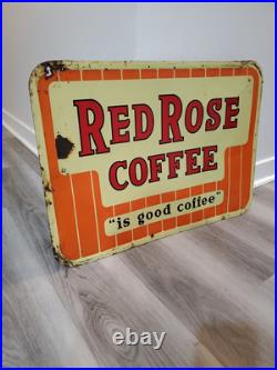 C. 1950s Original Vintage Red Rose Coffee Sign Metal Embossed Shop Decor Rare