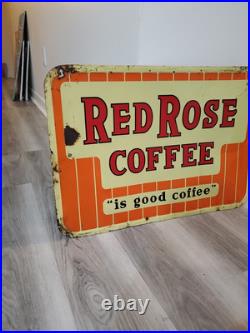 C. 1950s Original Vintage Red Rose Coffee Sign Metal Embossed Shop Decor Rare