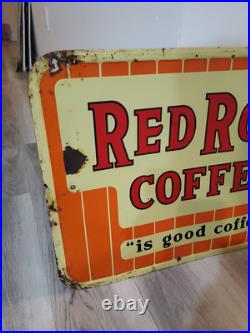 C. 1950s Original Vintage Red Rose Coffee Sign Metal Embossed Shop Decor Rare