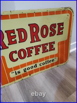 C. 1950s Original Vintage Red Rose Coffee Sign Metal Embossed Shop Decor Rare