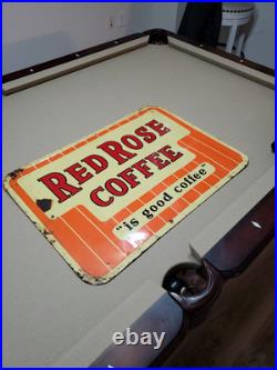 C. 1950s Original Vintage Red Rose Coffee Sign Metal Embossed Shop Decor Rare