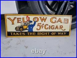C. 1950s Original Vintage Yellow Cab Cigars Sign Metal Embossed 5c Taxi Tobacco