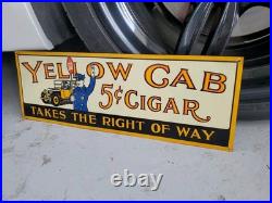 C. 1950s Original Vintage Yellow Cab Cigars Sign Metal Embossed 5c Taxi Tobacco