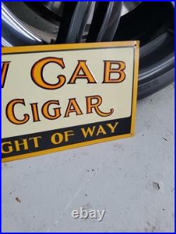 C. 1950s Original Vintage Yellow Cab Cigars Sign Metal Embossed 5c Taxi Tobacco
