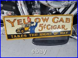 C. 1950s Original Vintage Yellow Cab Cigars Sign Metal Embossed 5c Taxi Tobacco