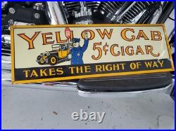 C. 1950s Original Vintage Yellow Cab Cigars Sign Metal Embossed 5c Taxi Tobacco