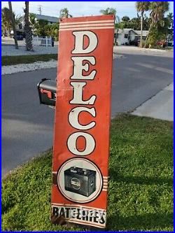 C. 1954 Original Vintage Delco Batteries Sign Metal GM Chevy Gas Oil Vertical