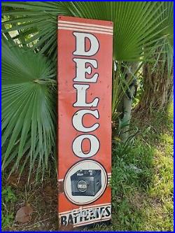 C. 1954 Original Vintage Delco Batteries Sign Metal GM Chevy Gas Oil Vertical