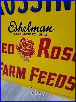 C. 1956 Original Vintage Cattle Crossing Sign Red Rose Farm Feeds Metal Embossed
