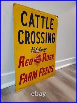 C. 1956 Original Vintage Cattle Crossing Sign Red Rose Farm Feeds Metal Embossed