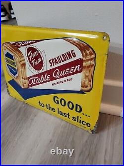 C. 1956 Original Vintage Spaulding Bread Sign Metal Embossed Table Queen Flavor
