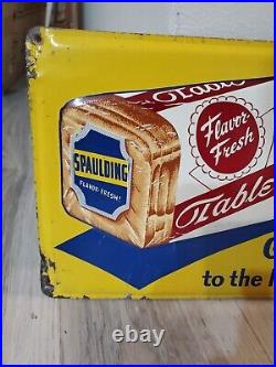 C. 1956 Original Vintage Spaulding Bread Sign Metal Embossed Table Queen Flavor