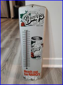 C. 1960s Original Vintage Drink Barq's Root Beer Sign Metal Thermometer Reach Out C. 1960s Original Vintage Drink Barq's Root Beer Sign Metal Thermometer Reach Out