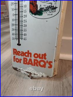 C. 1960s Original Vintage Drink Barq's Root Beer Sign Metal Thermometer Reach Out C. 1960s Original Vintage Drink Barq's Root Beer Sign Metal Thermometer Reach Out
