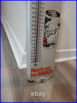 C. 1960s Original Vintage Drink Barq's Root Beer Sign Metal Thermometer Reach Out C. 1960s Original Vintage Drink Barq's Root Beer Sign Metal Thermometer Reach Out