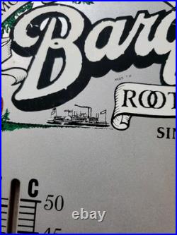 C. 1960s Original Vintage Drink Barq's Root Beer Sign Metal Thermometer Reach Out C. 1960s Original Vintage Drink Barq's Root Beer Sign Metal Thermometer Reach Out