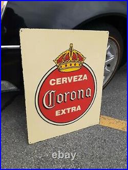 C. 1970s Original Vintage Cerveza Corona Extra Beer Sign Metal Embossed Soda RARE