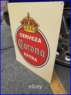 C. 1970s Original Vintage Cerveza Corona Extra Beer Sign Metal Embossed Soda RARE