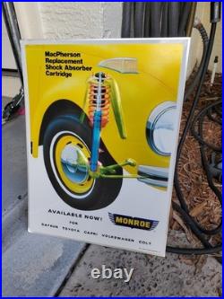 C. 1970s Original Vintage Monroe Shocks Sign Metal Embossed VW Beetle Gas Oil