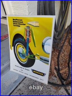 C. 1970s Original Vintage Monroe Shocks Sign Metal Embossed VW Beetle Gas Oil